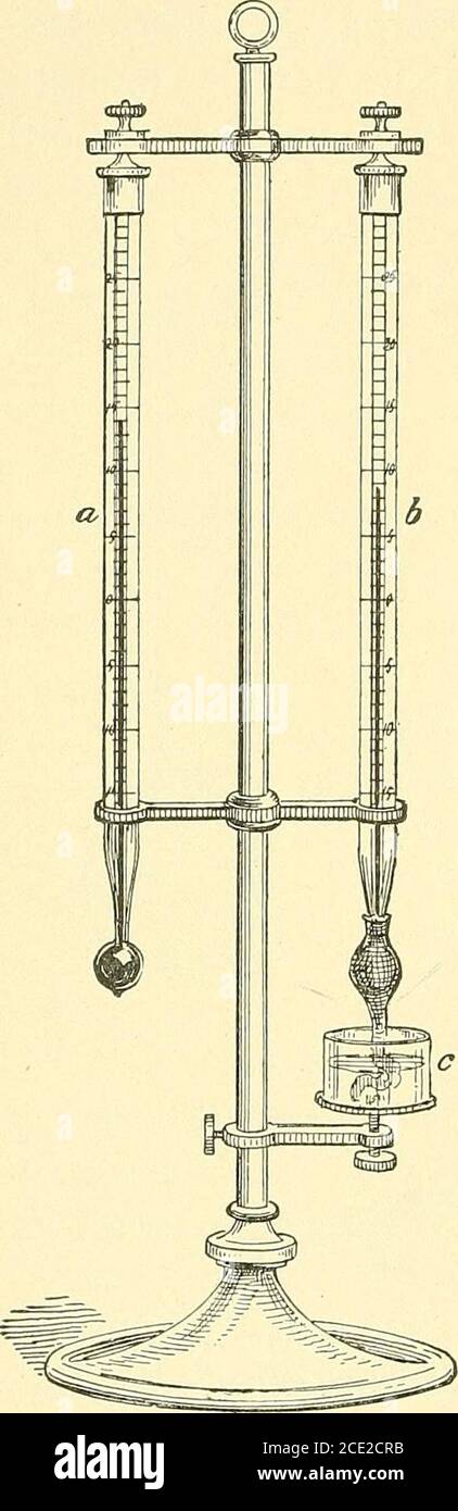 . The principles of hygiene; a practical manual for students, physicians, and health-officers . FlG. 2.—Daniells hygrometer : a, bulb surrounded with cotton cloth; b, ther-mometer; c, bulb containing thermometer. direct, as Daniells (Fig. 2), Dines, and Regnaults,and determine directly the dew-point of the atmosphere;or indirect, as the wet- and dry-bulb thermometer, orpsychrometer (Fig. 3), and the hair hygrometer (Fig. 4).The important items of information to be derived fromobservations with hygrometers are: The dew-point, thevapor-tension or absolute humidity, and the relative hu- 38 AIR. m Stock Photo