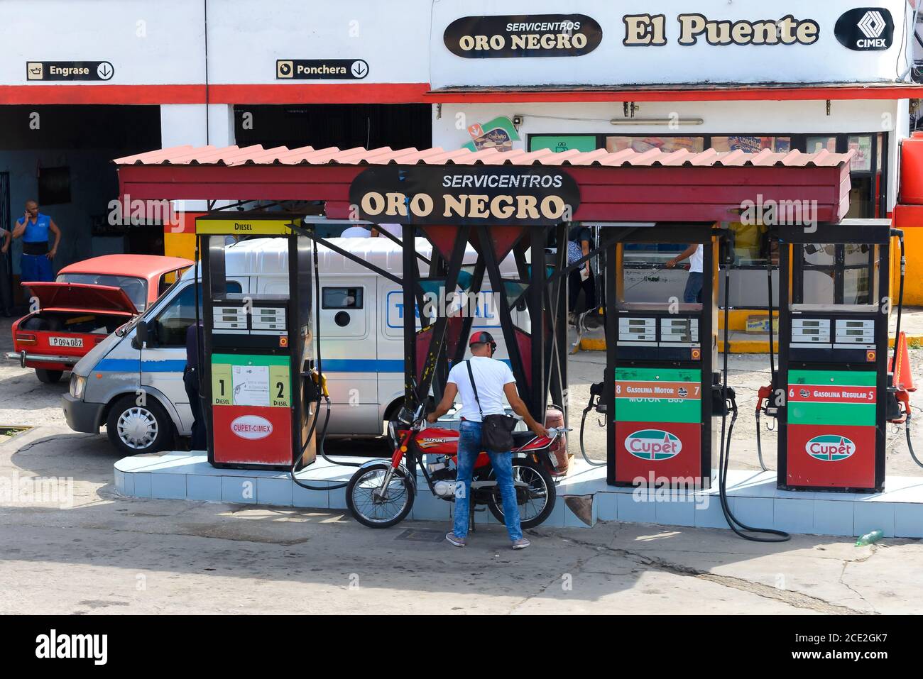 Gas station at Havana, Cuba. Moto refueling at Cuban oil station in