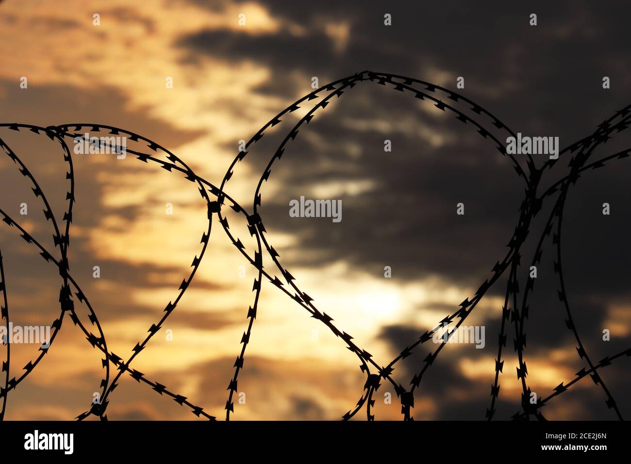 Barbed wire on dramatic sky background at sunset. Concept of boundary, prison, war or immigration Stock Photo
