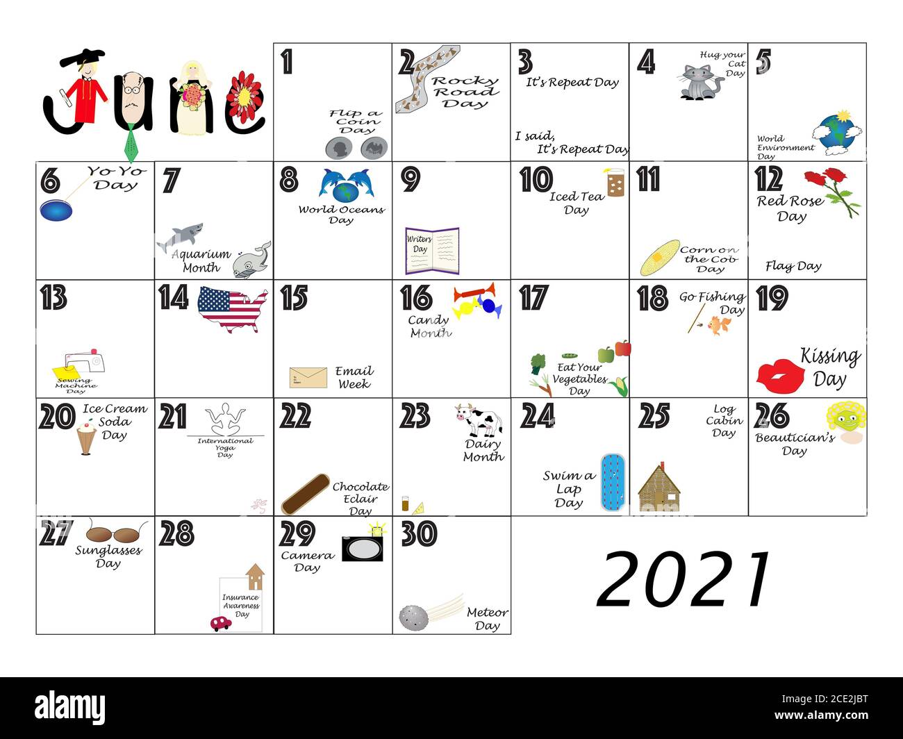 June monthly calendar illustrated and annotated with daily Quirky Holidays and Unusual Celebrations with Sunday start week Stock Photo - Alamy June monthly calendar illustrated and annotated with daily Quirky Holidays and Unusual Celebrations with Sunday start week Stock Photo - Alamy
