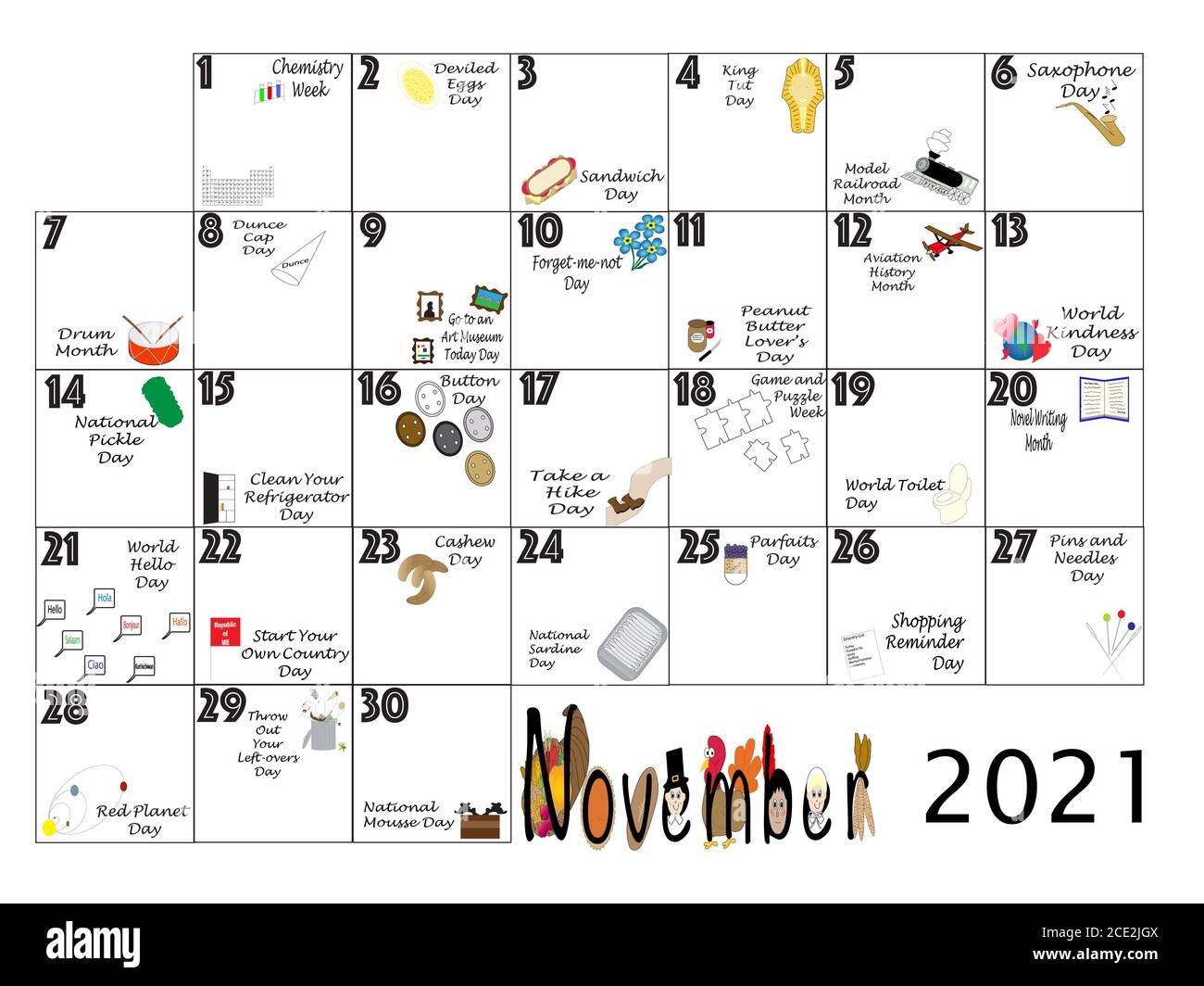 November monthly calendar illustrated and annotated with daily Quirky