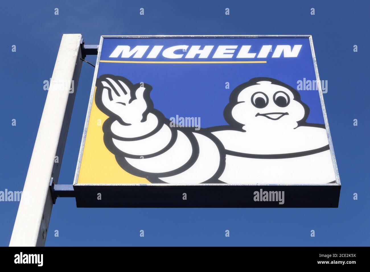 Belleville, France - March 15, 2020: Michelin logo on a pole. Michelin is a tire manufacturer based in Clermont-Ferrand in France Stock Photo