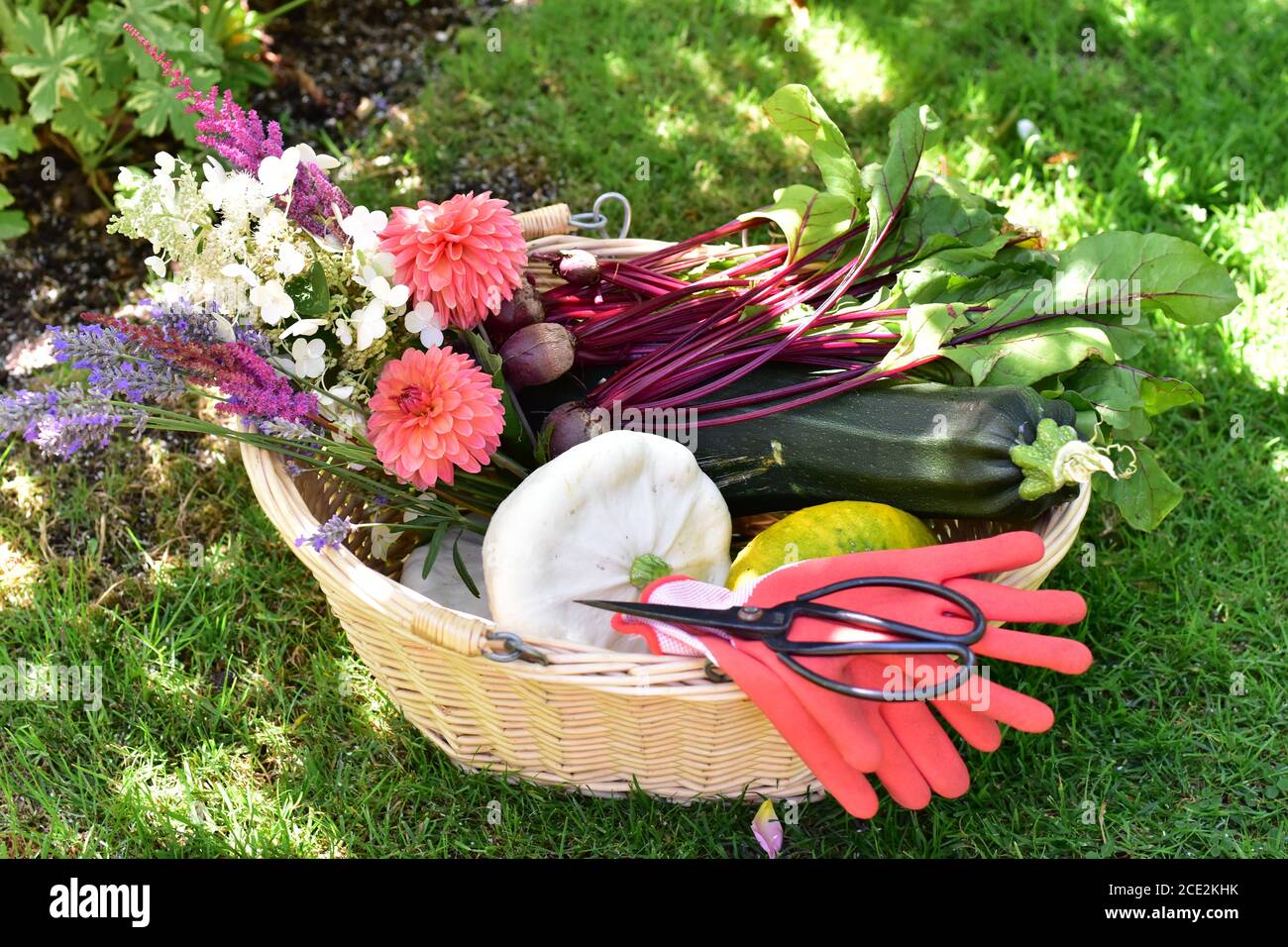 Freshly harvested organic home grown vegetables with beautiful cut flowers for cooking healthy meal and pretty table setting Stock Photo
