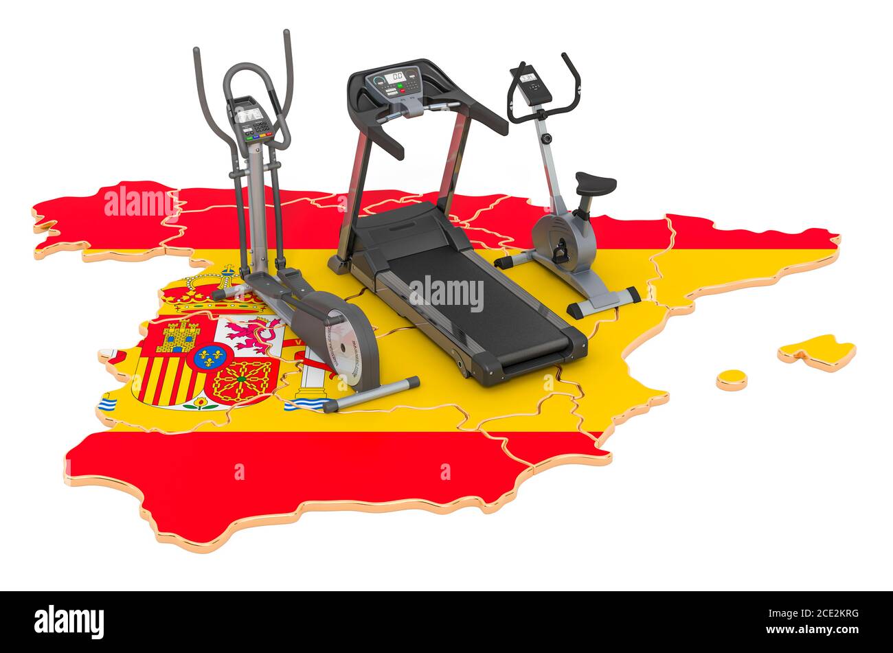 Sport clubs in Spain. Fitness, exercise equipments on Spanish map. 3D rendering isolated on