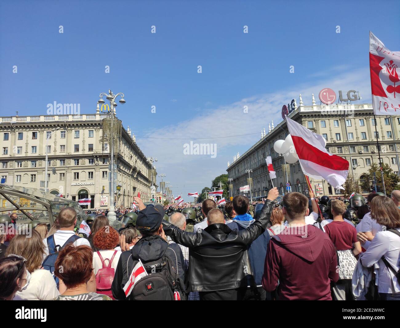 Minsk / Belarus - August 30 2020: Protesters blocked near GUM by the Internal Troops and Riot police are standing near the soldiers Stock Photo