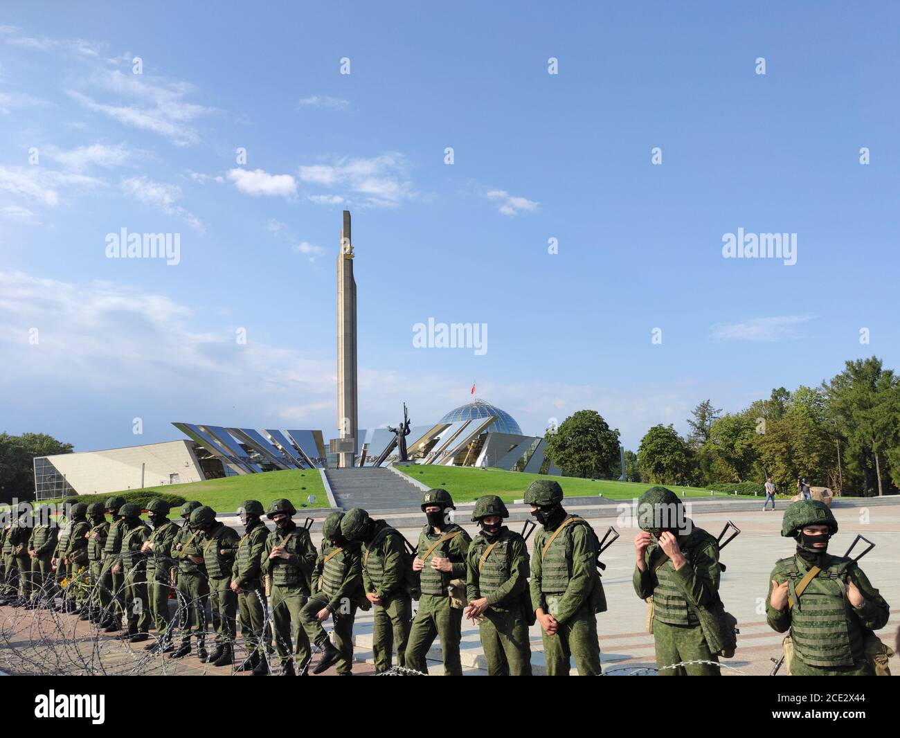 Minsk / Belarus - August 30 2020: Army blocking the WW2 Stela Memorial from protesters with barbed wire Stock Photo