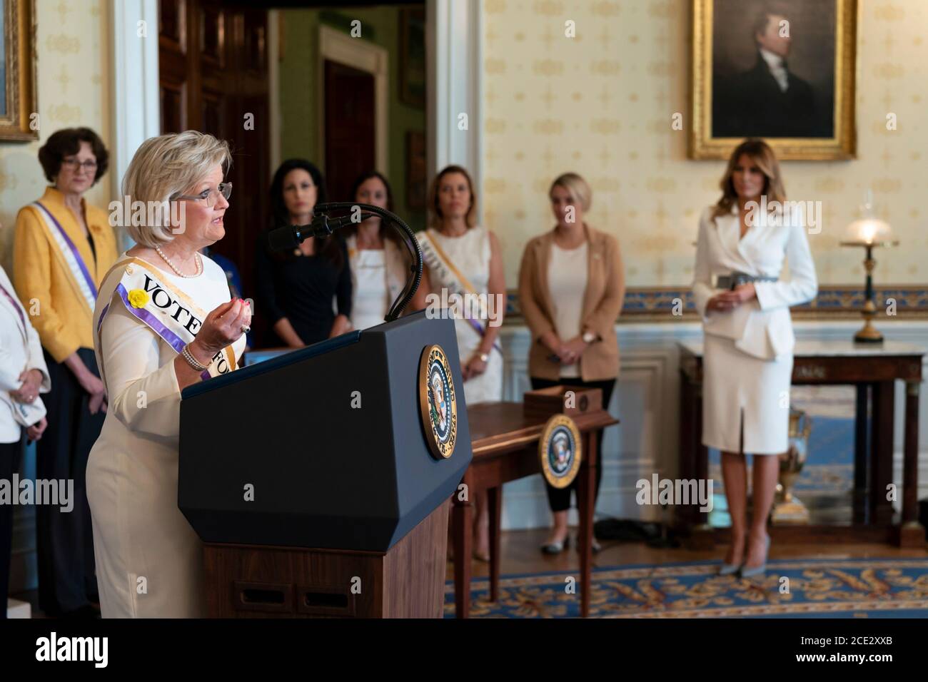 Conservative activist Cleta Mitchell delivers remarks during an event marking the 100th Anniversary of the Ratification of the 19th Amendment in the Blue Room of the White House August 18, 2020 in Washington, DC. Stock Photo