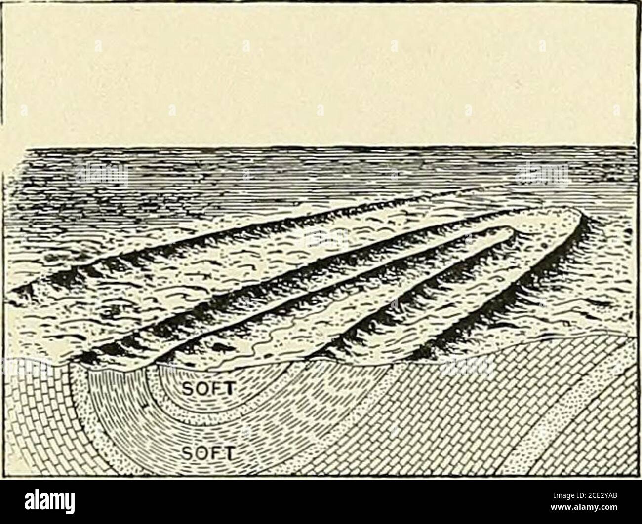 . Elementary physical geography . Fig. 93. Syncline. stood by an examinationof the accompanying fig-ures. At times the foldsare very regular (Fig. 94),but usually they are un-symmetrical (Fig. 95).They are generally ridge- Fig.. 94. Photograph of an anticline near Hancock,W. Va. like, and in the direction of theridge they gradually lose in sizeand finally disappear altogether.The direction in which these rocksenter the earth is known as thedip, while a horizontal line at rightangles to this, is known as thestrike (Figs. 92 and 93). If weconsidered one side of the gableroof of a house to repres Stock Photo