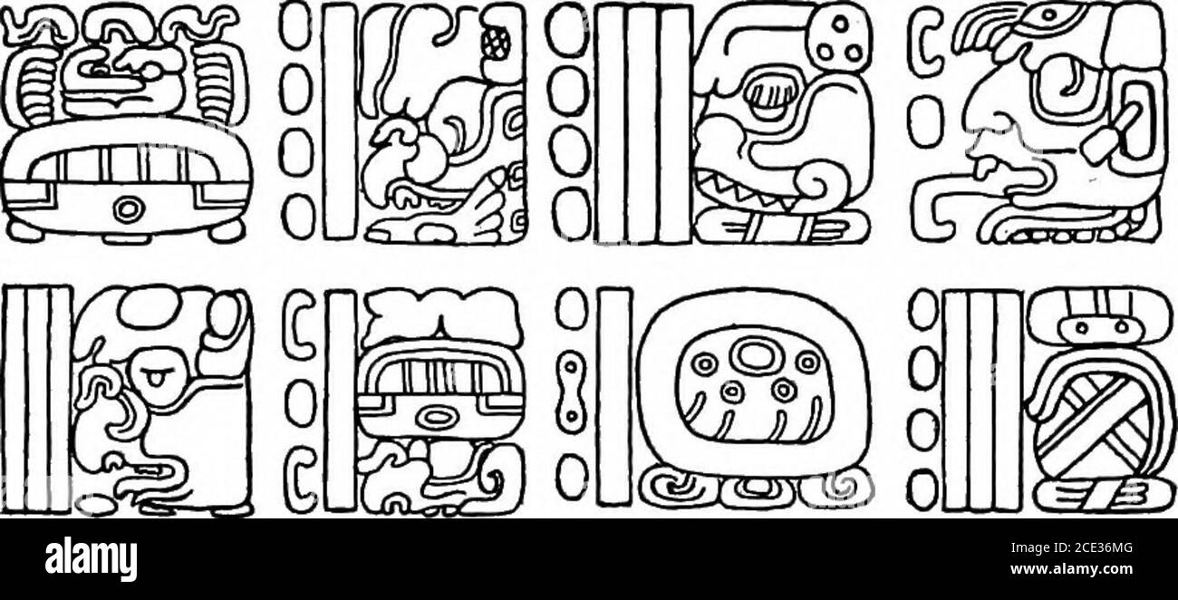 . An introduction to the study of the Maya hieroglyphs . ar5 and Stela 16 are given below to show their close connection: Altar 5 9.12.19.12. 9 1 Muluc 2 Muan glyphs 1 and 2 11.11.18 glyphs 8 and 9 9.13.11. 6. 7 13 Manik 0 Xul glyphs 10 and 11 8. 9.19 glyphs 22 and 23 9.13.19.16. 6 11 Cimi 19 Mac glyphs 24 and 25 (3) undeclared 9.13.19.16. 9 1 Muluc 2 Kankin glyphs 27 and 28 (1.11) (Time between the two monuments, 31 days.) Stela 169.14.0.0.0 6 Ahau 13 Muan A1-A4 1 Maler, 1911: No. 1, p. 40. MOKLBY] INTI^ODUCTION TO STUDY OF MAYA HIEROGLYPHS 245 Sometimes, however, monuments showing Calendar-r Stock Photo