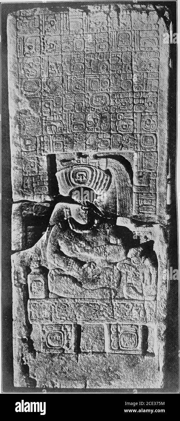. An introduction to the study of the Maya hieroglyphs . Fig. 81. The Initial Series, Secondary Series, and Period-ending date on Altar S, Copan. The end of Cycle 10 in glyph 8a is merely redundancy. The writerbelieves that 9.15.0.0.0 4 Ahau 13 Yax indicates the present time ofAltar S rather than 10.0.0.0.0 7 Ahau 18 Zip, and that consequentlythe latter date was prophetic in character, as was the same dateon Zoomorph G at Quirigua. One reason whica renders this prob- BUREAU OF AMERICAN ETHNOLOGY BULLETIN 57 PLATE 23. INITIAL SERIES, SECONDARY SERIES, AND PERIOD-ENDING DATES ON STELA 3, PIEDRAS Stock Photo