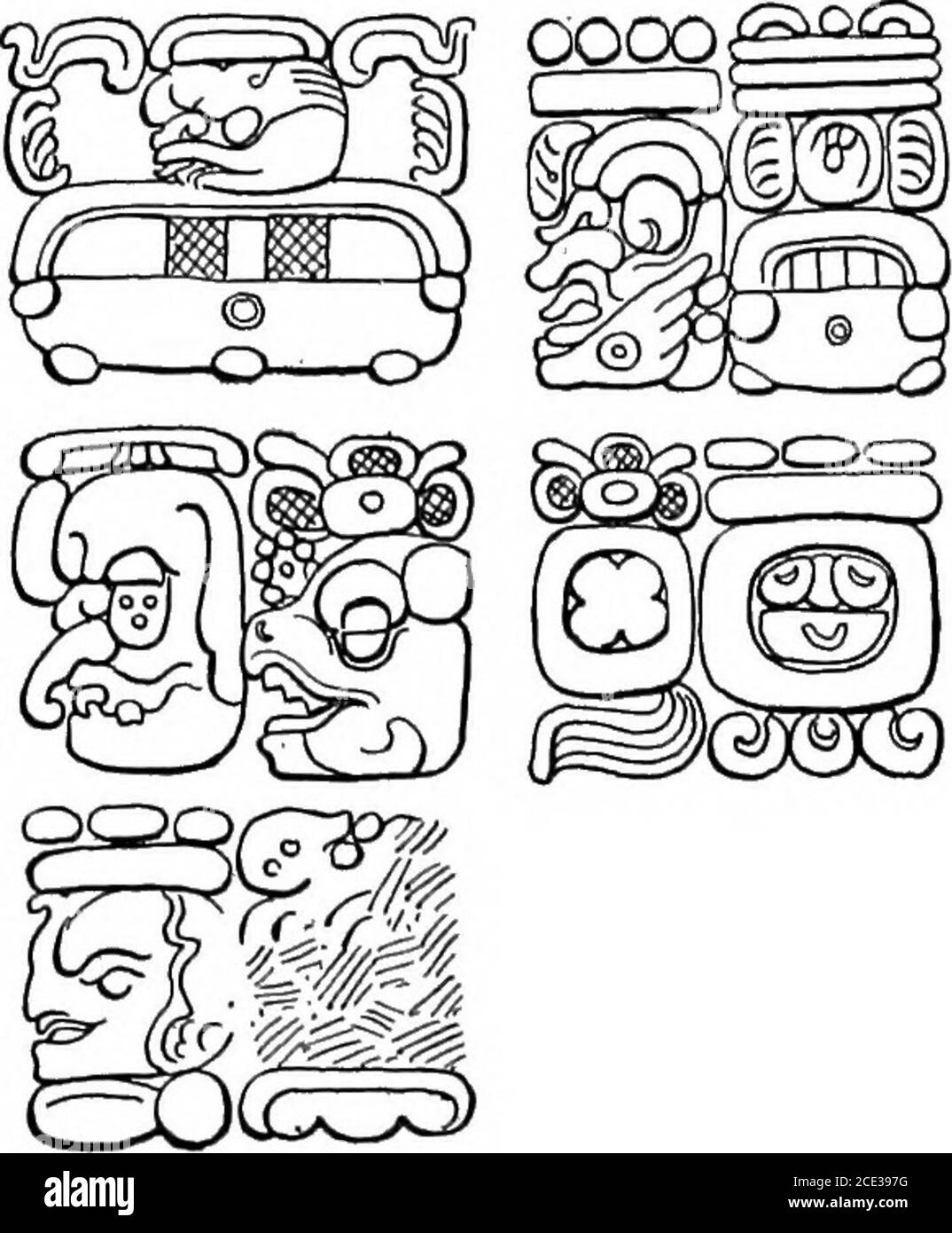 . An introduction to the study of the Maya hieroglyphs . FlG. 08. Initial Series showing bar and dot numerals and liead-variant period glyplis: A, Stela C (westside), Quirigua; B, Stela M, Copan. ducing this ninnber by means of Table XIII to units of the 1st order,we obtaia: A3 = 9 X 144, 000 = 1, 296, 000 B3 = 1 X 7, 200 = 7, 200 A4 = 0X 360= 0 B4=0X 20= 0 A5=0X 1= 0 1, 303, 200 Deducting from this number all the Calendar Sounds possible, 68(see Table XVI), and applying rules 1, 2, and 3 (pp. 139, 140, and 141,respectively) to the remainder, we reach for the terminal date 6 Ahau13 Yaxkin. Loo Stock Photo