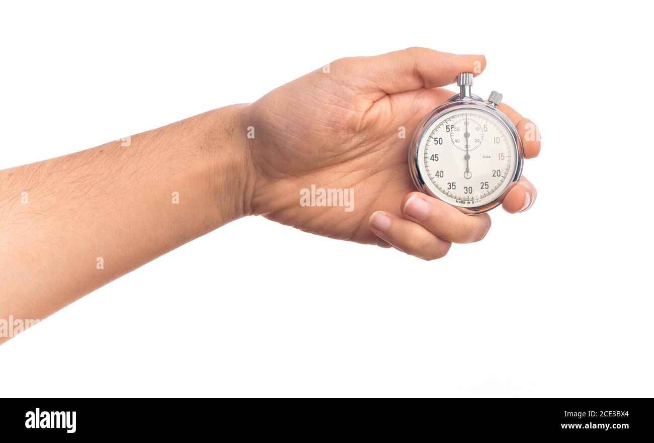 Hand of caucasian young man doing countdown holding stopwatch over ...