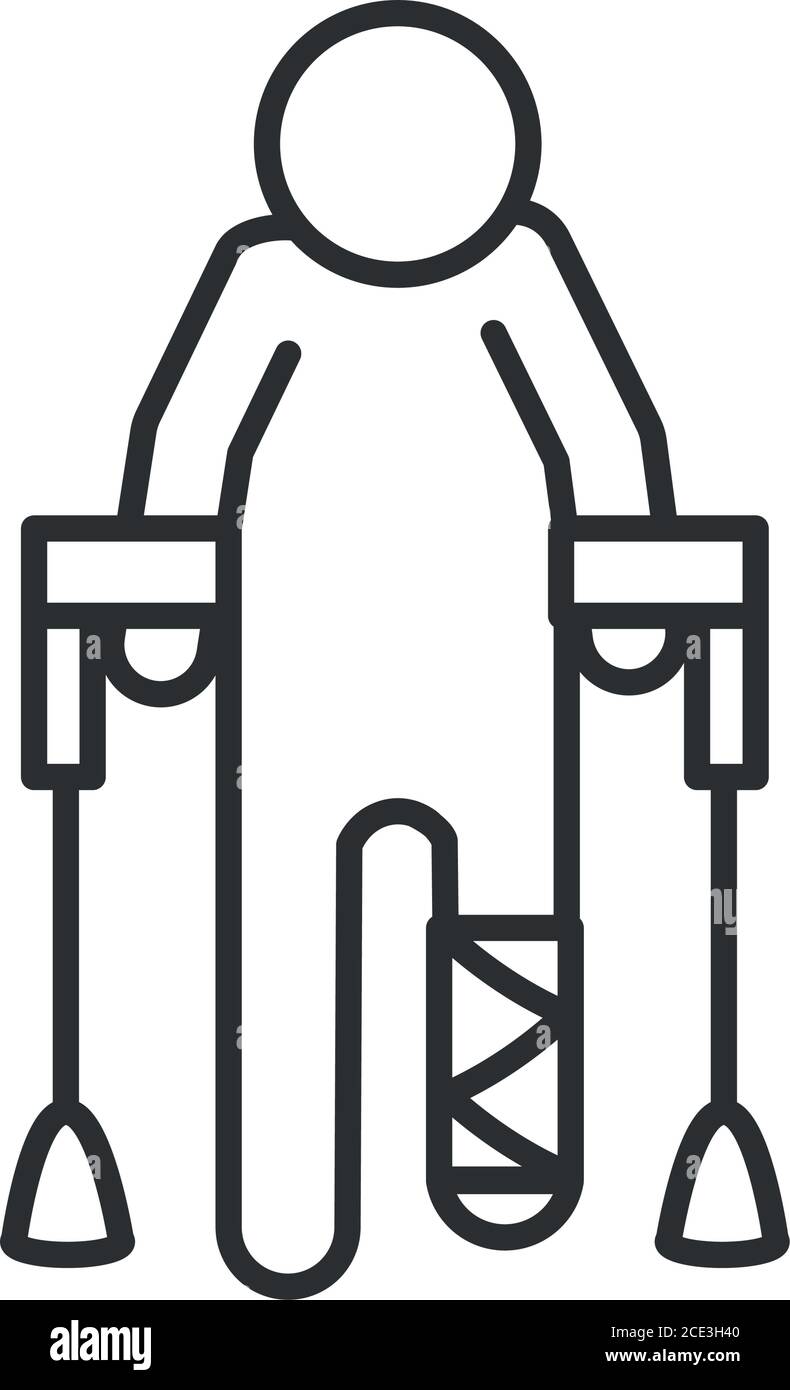 person with crutches and leg cast, world disability day, linear icon ...