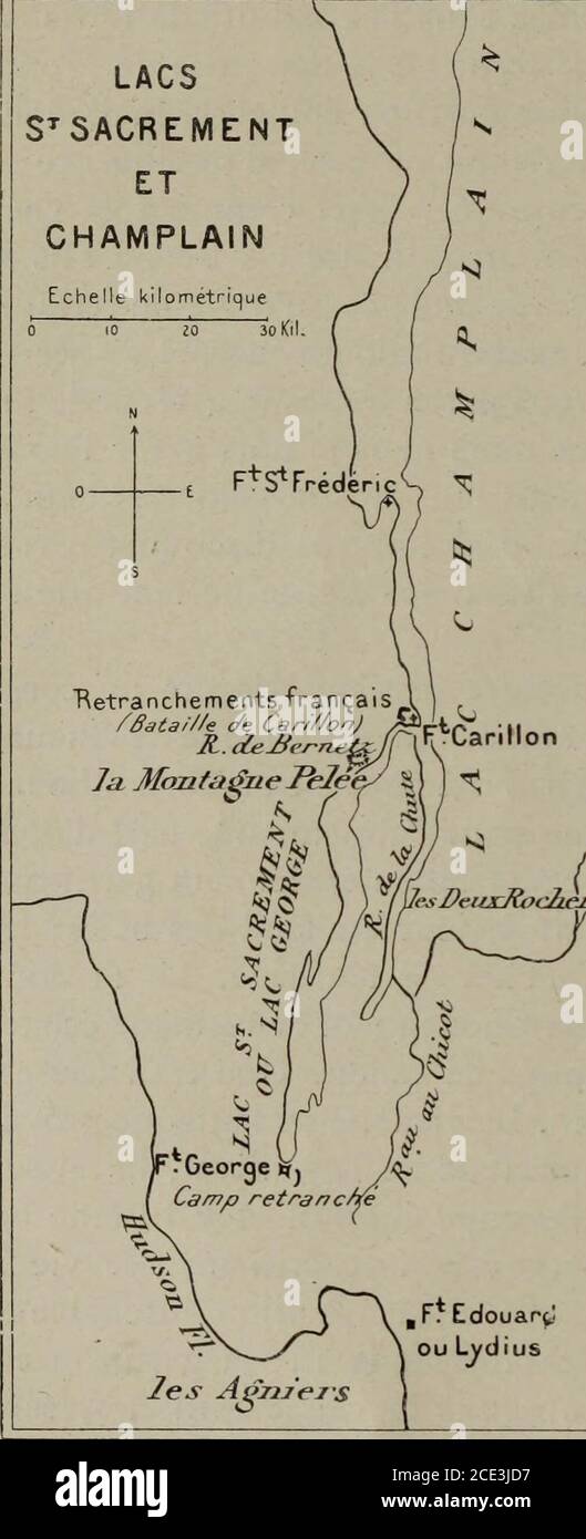 . L'épopée canadienne, Montcalm . rit des assiégés la force numérique de lassaillant, ils aban-donnent le fort Ontario ; M-ontcalm loccupe aussitôt et y installe ducanon : lennemi évacue le fort George; le fort principal, le vieuxChouaguen, est investi ; les Anglais, croyant la position intenable etépouvantés par les cris des sauvages, capitulent le 14; la garnison estprisonnière et nous prenons cinq drapeaux, la caisse militaire, septbateaux de guerre, des munitions et des provisions en quantité. Lematin du 20 août, Montcalm fait ériger une grande croix avec cetteinscription : In hoc signo vi Stock Photo