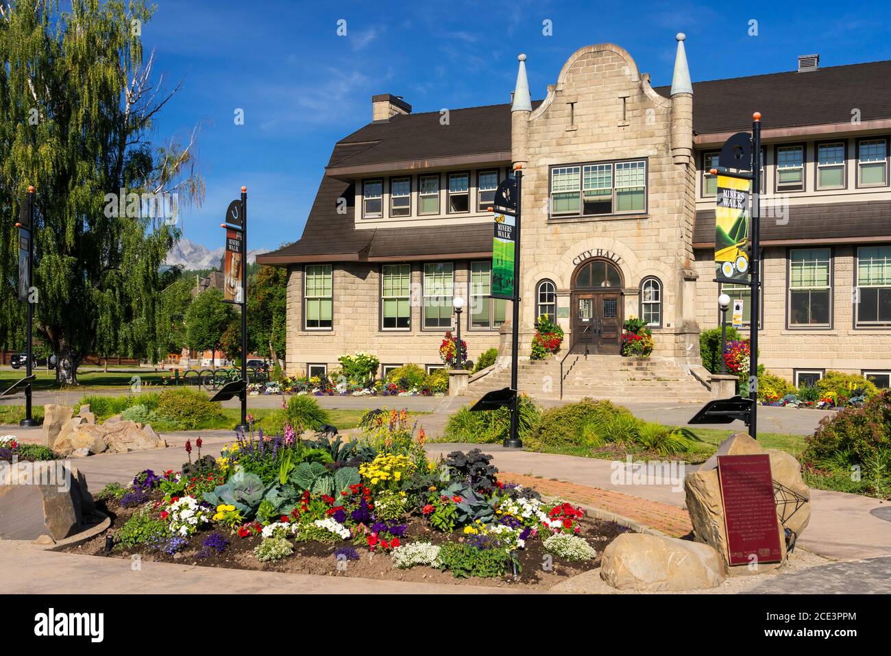 The City Hall building with flowers in Fernie, British Columbia, Canada. Stock Photo