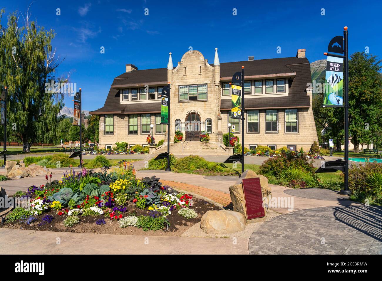 The City Hall building with flowers in Fernie, British Columbia, Canada. Stock Photo