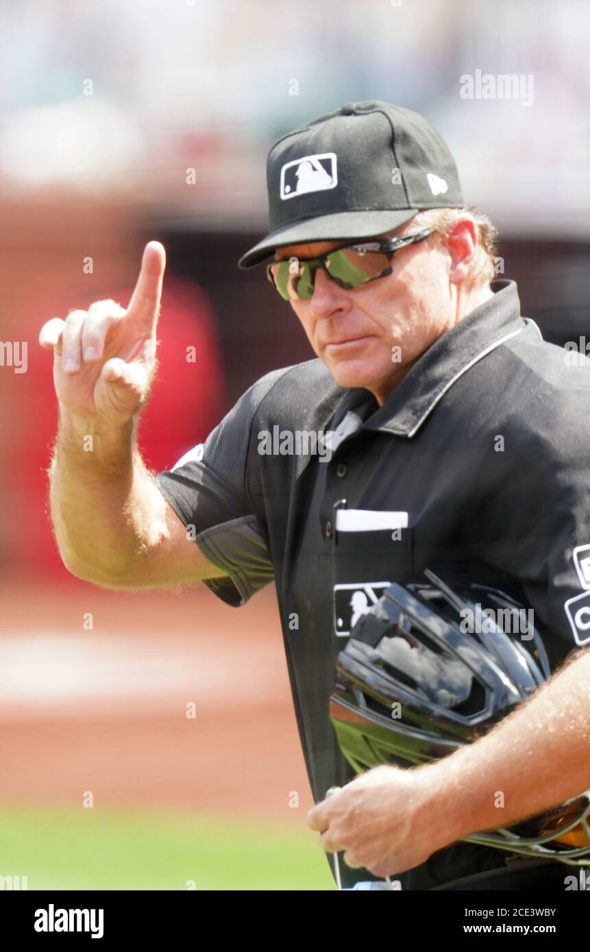 St. Louis, United States. 30th Aug, 2020. Homeplate umpire Ed Hickox singles the Cleveland Indians batter, one more St. Louis Cardinals warm up pitch in the fourth inning at Busch Stadium in St. Louis on Sunday, August 30, 2020.Photo by Bill Greenblatt/UPI Credit: UPI/Alamy Live News Stock Photo