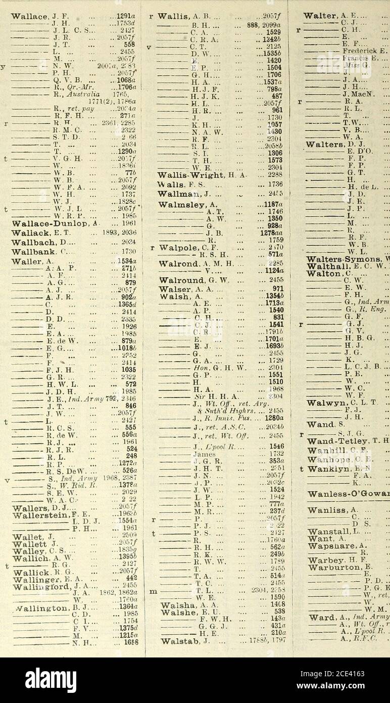 . Army list . 11 M CCXXYl INDEX. Hojeretices to the Oradation List are in Heavy Type. Wallace, J. FJ. H Waiter, A. E. CJ. Walters-Symons, W. E.Walthall. E.G. vv.D. Walton, c C. AV. E. W. F. H. G., Ind.ArmyG., H. Kng. G. F.. WaUers, D.J....Wallerstein.F. ZIZI p Wallet, J Wallett J Walley, C. S Wallicli. A. W. t E.G. Wallick.K G.Walling-er, K. A. .Wallingrford, J. A.. ? J. A. ^Vallington, B. J. ? C.li. .— C I. P. V. 1 ? n.f. .152^ . 2328.. 491a.137^.. 2016.. 20:.. 17.. 209SLI..2031.20.. 61 .. ia .. 191.13 .. tv,... 1..15; .. 231.. 101,..205  .. 2.3d4.. 2456 . 179 . am?mm . 238^/. 2166.. 1760. 20 Stock Photo