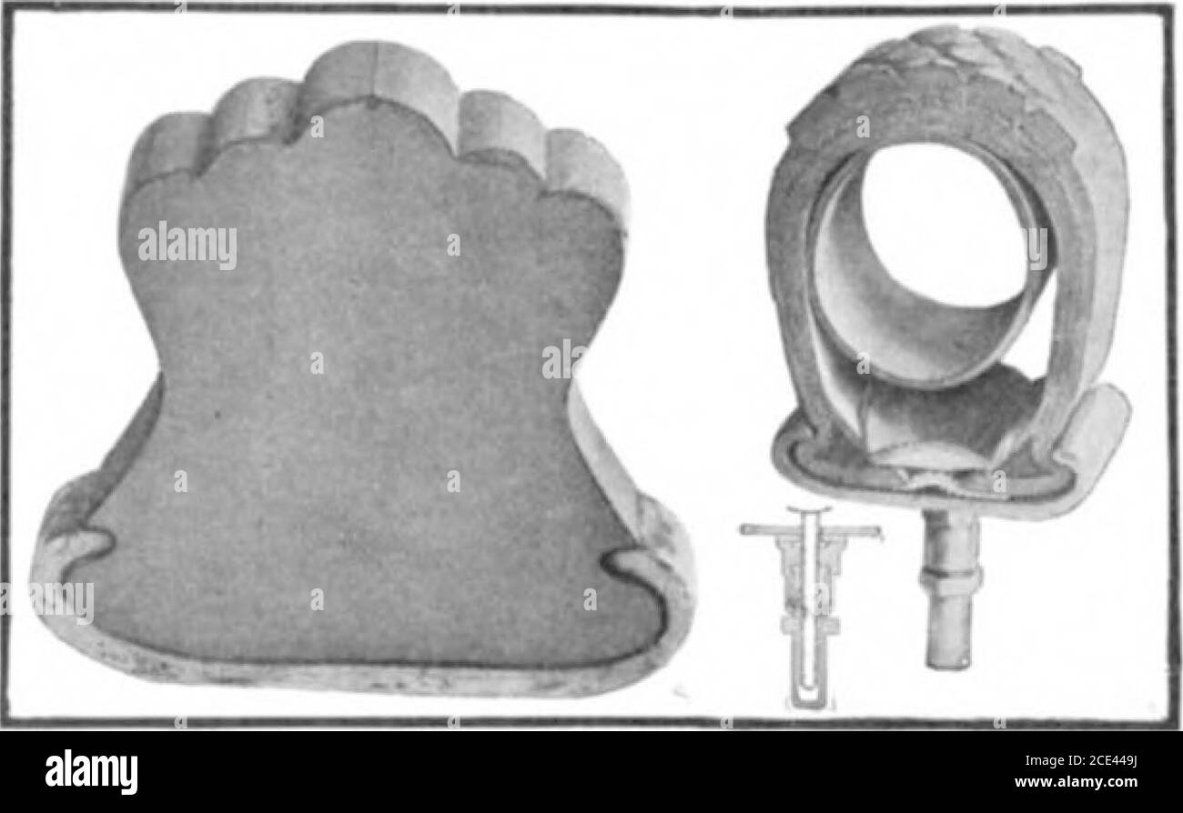 . Scientific American Volume 92 Number 04 (January 1905) . ds. Nor isthere any loss of power from slipping wheels.A new- type of double bronze nut and lock nut,shown in cross-section in the illustration, isused for securing the lugs on the Goodrichtires. Being made of brass, these nuts willnot rust and be difficult of removal. Further-more, as the inner end of the lock nut islarger than the hole in the first nut,through which the lock nut stem ispassed, it cannot separate from the nut proper andbecome lost, although it can be unscrewed separately. A typical non-skidding tire built on the lines Stock Photo
