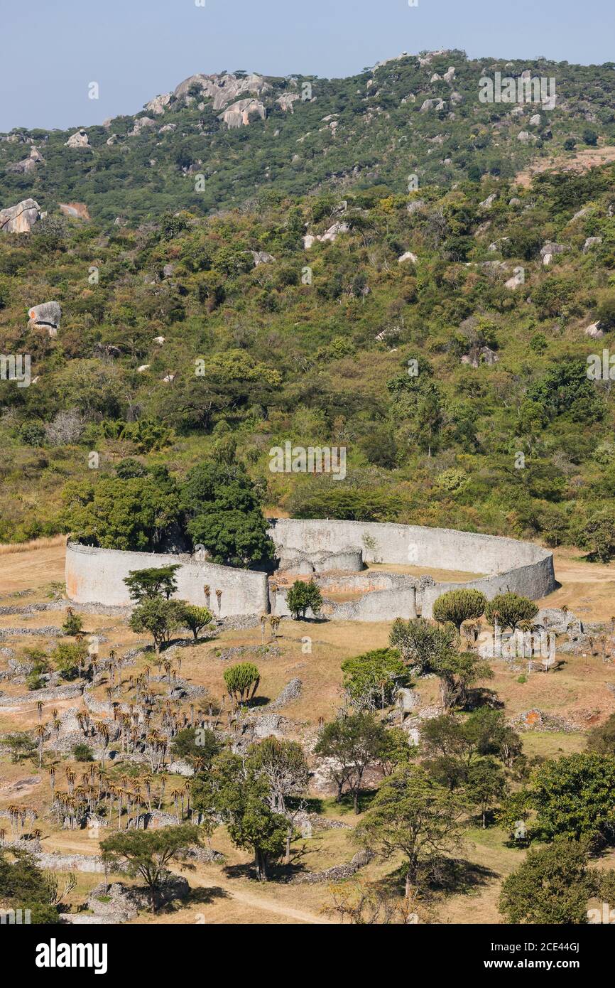 Great Zimbabwe ruins, the Great Enclosure, distant view from the Acropolis, ancient capital of Bantu civilization, Masvingo Province, Zimbabwe, Africa Stock Photo