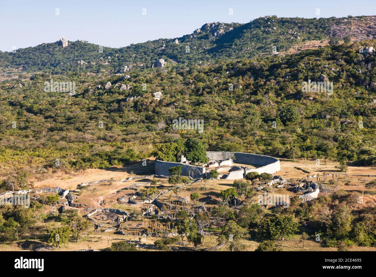 Great Zimbabwe ruins, the Great Enclosure, distant view from the Acropolis, ancient capital of Bantu civilization, Masvingo Province, Zimbabwe, Africa Stock Photo