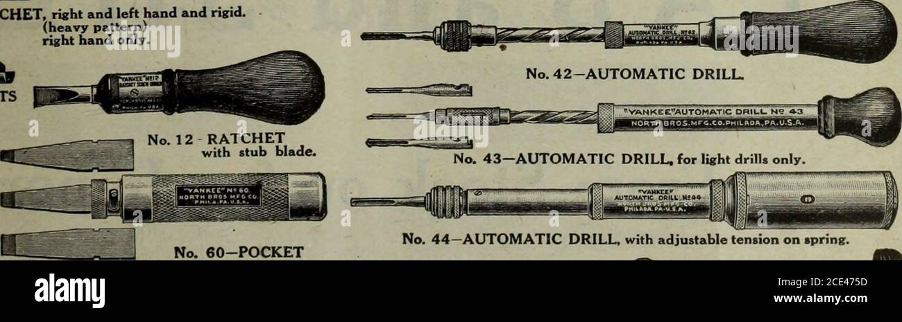 . Hardware merchandising (January-March 1908) . No. 41-AUTOMATIC DRILL. COUNTERSINK for spiral ratchet screw driver.. No. 30 -SPIRAL RATCHET, right and left hand and rigidNo. 31— (heavy pattern) No. 20— right hand only. CHUCK and 8 DRILL POINTS for spiral ratchet ?crew driver. Stock Photo