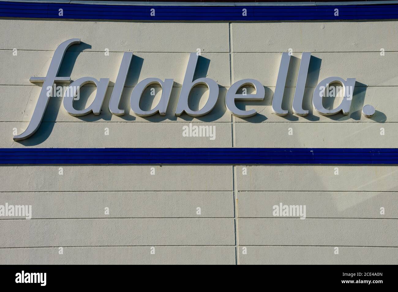 Puerto Montt, Chile. February 12, 2020. Falabella sign, a multinational chain of department stores. Paseo Costanera Mall Stock Photo