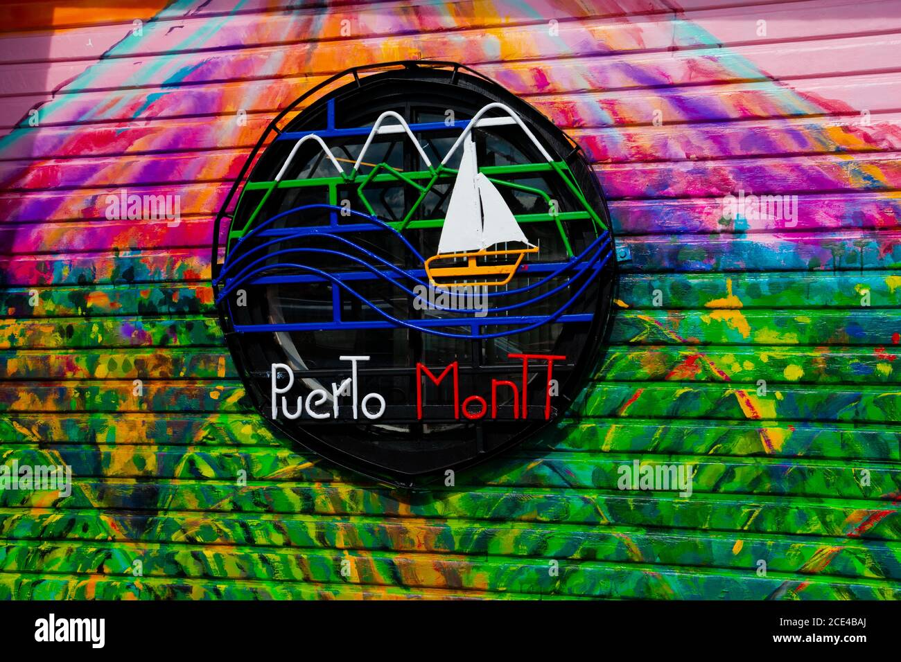Puerto Montt, Chile. February 13, 2020. Very colorful wall and Puerto Montt sing Stock Photo