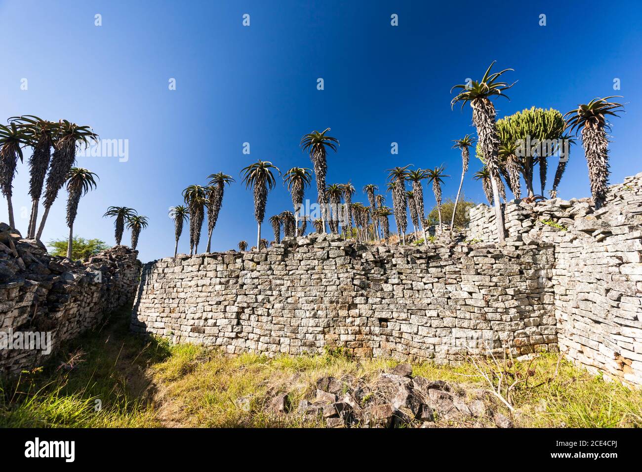Great Zimbabwe ruins, stone structures of  'The Valley Complex' and aloes, ancient capital of Bantu civilization, Masvingo Province, Zimbabwe, Africa Stock Photo