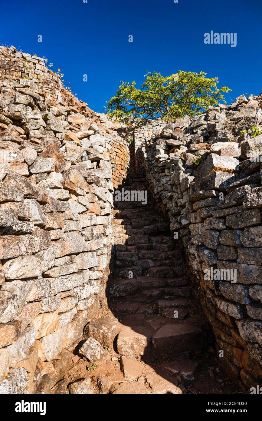 Great Zimbabwe ruins, stone steps to  'the Hill Complex', acropolis, ancient capital of Bantu civilization, Masvingo Province, Zimbabwe, Africa Stock Photo