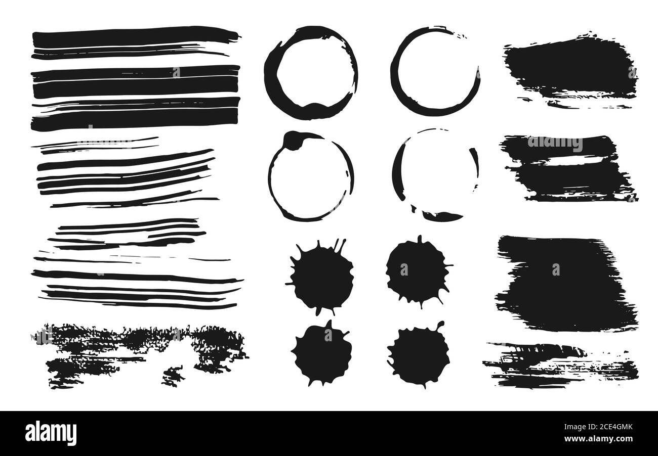 Set of ink brush strokes, splashes and drops. Abstract coffee circles of  paint. Stains grunge splatter textures. Silhouette elements for digital  brushes. Banner text box. Isolated vector illustration Stock Vector Image &