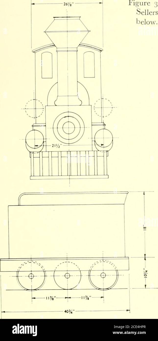 . Bulletin - United States National Museum . NOTE: Aunilary Cylinders & Grade Climbing MachineryShown in Phantom. 66 Figure 30.—The i 8-inch Gauge Model exhibited in New YorkCity in 1848 by G. E. Sellers, now on display at the OhioState Museum in Columbus. The grade-climbing ma-chinery and auxiliary cylinders have been removed. {Photocourtesy Ohio State Historical Society.). Figure 31.—Drawing of the 1948Sellers Model Locomotive is shownbelow. SELLERS LOCOMOTIVE MODEL EXHIBITED OHIO STATE MUSEUM COLUMBUS, OHIO CVLINDER STROKE 4/;TRACK GAUGE 18 NO SCALEDRAWN; APRIL, 1941 J. H. WHITE 67 line wou Stock Photo