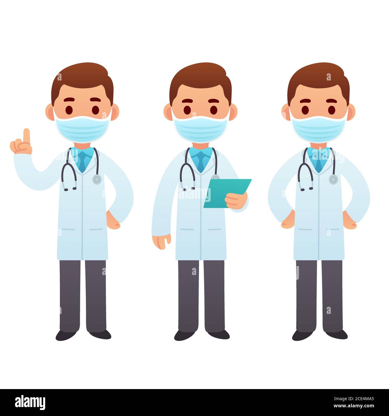 Cartoon doctor character illustration set. Male medic in face mask standing and pointing. Cute cartoon medical worker vector clip art. Stock Vector