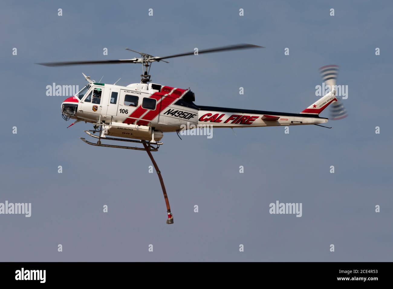 Bell UH-1H Iroquois N495DF operating out of Meadowlark Field in Livermore, California, in response to the 2020 SCU Lightning Complex fires.  N495DF wa Stock Photo
