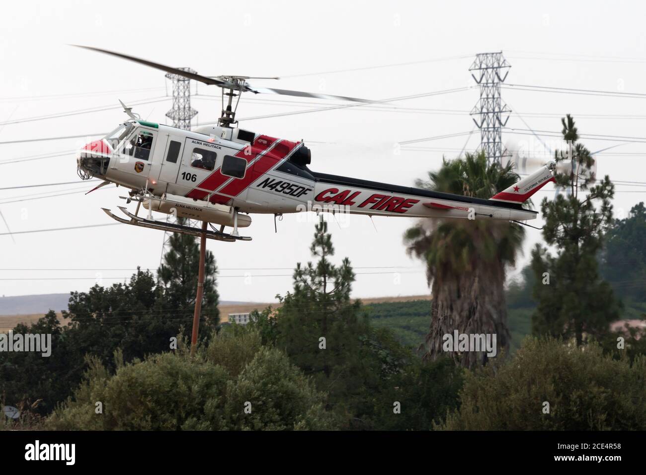 Bell UH-1H Iroquois N495DF operating out of Meadowlark Field in Livermore, California, in response to the 2020 SCU Lightning Complex fires.  N495DF wa Stock Photo
