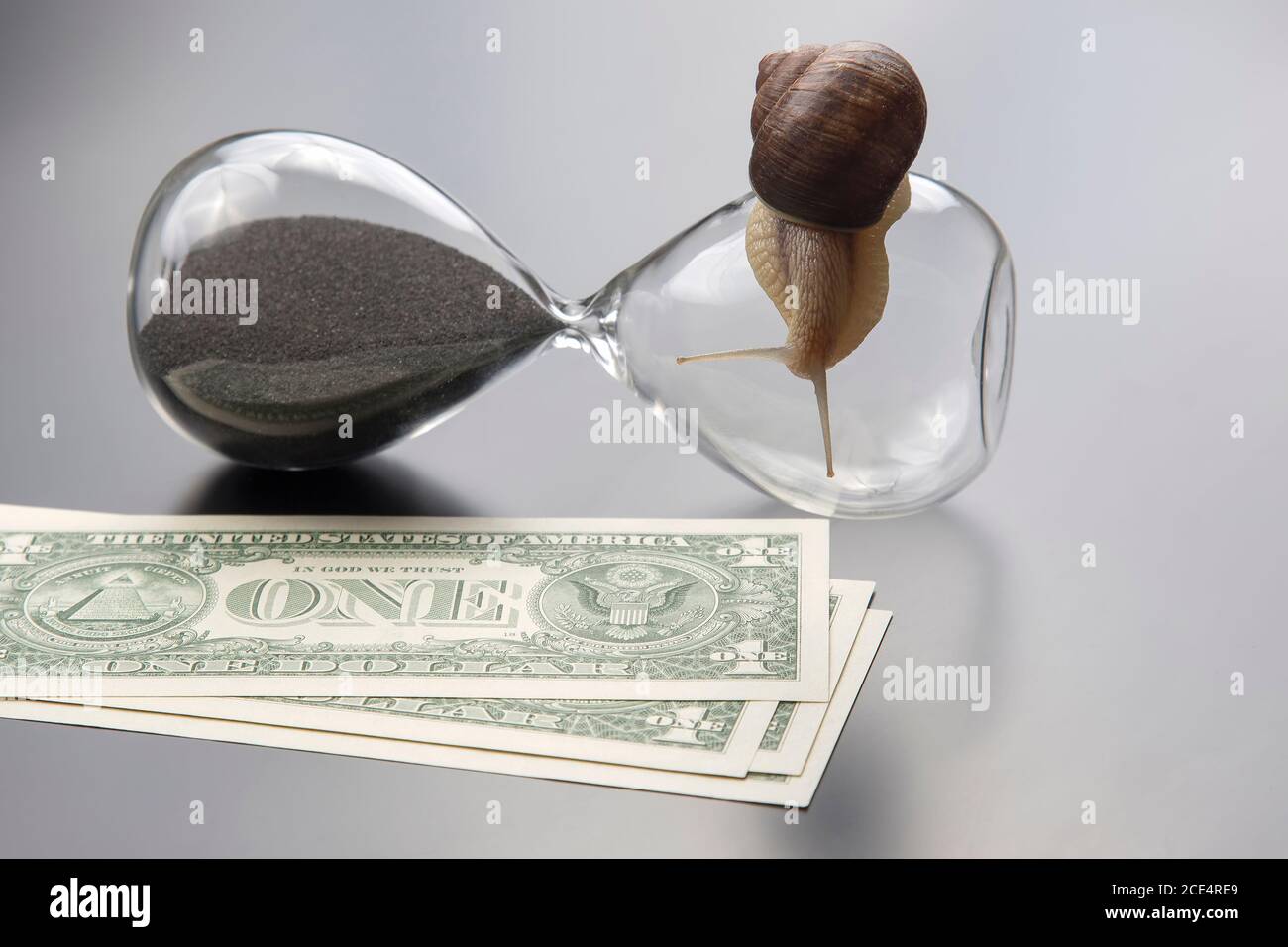 snail crawls on an hourglass against the background of money. speed and stability in increasing income. time for work and rest. financial business suc Stock Photo