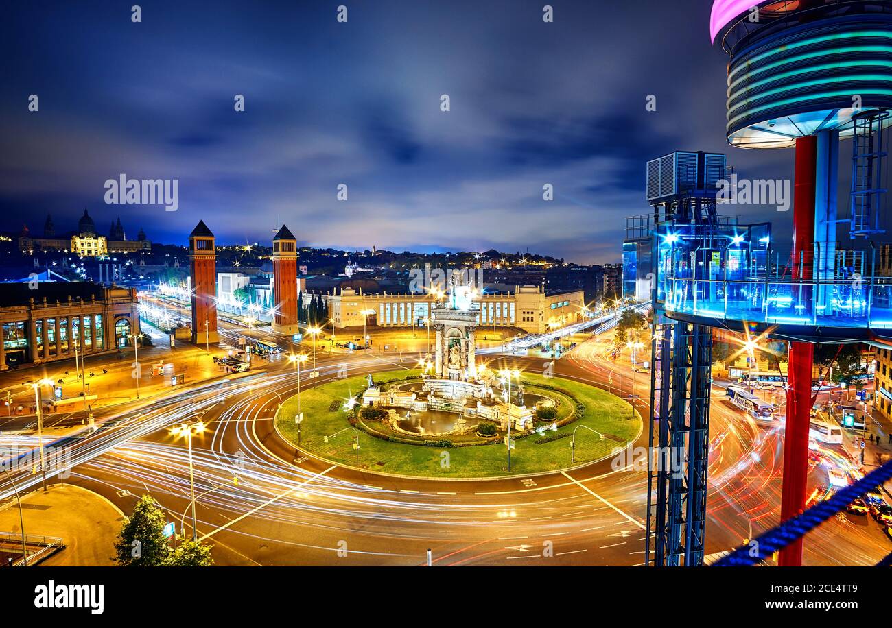 Placa d'Espanya at night in Barcelona, in Spain Stock Photo