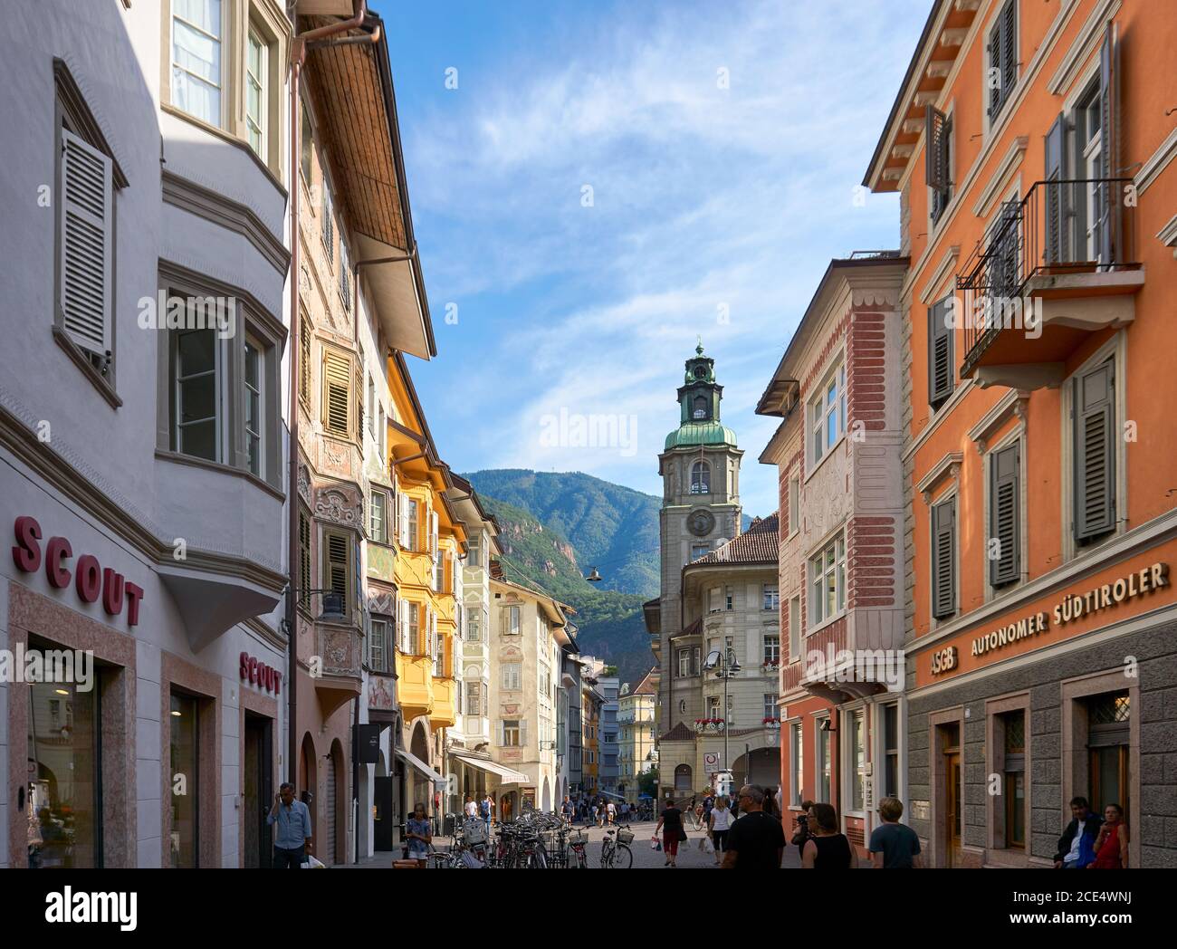 Street in Bolzano with traditional typical antique houses Stock Photo
