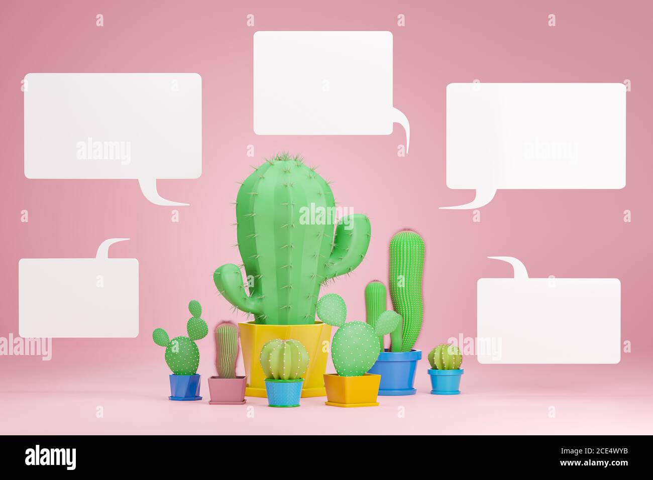 Set of cactus plants are placed in pink background on the center and have a white blank text box around it. The concept a group of people who love and Stock Photo