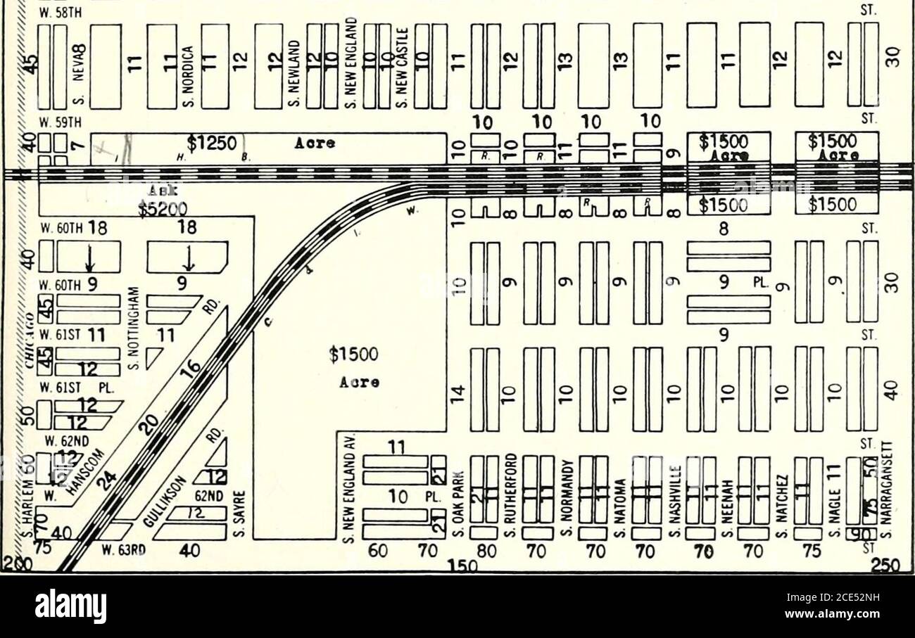 . Olcott's land values blue book of Chicago . TP JB IB UMITS ^Ti^fS § W. 52ND r ^ W53RD J CM CVI CM CO CO CO ?* in   XCI CO CO i ?* If) If) i- ?^ «* ^ in If) in   VO e^ c^ IT) -1 in |W 11=1 tm en im 1=1 izj cz: xzi im en Ld en ci] |r ARCHER =75 =(XF= Se: ?• =60f =^6(F= 66= ^TSn^PSO = 85= •8«=- =B0- =80• =90 ^ ,cn3 imcziciiiiiiiizicziciiiZDcziiiniziiiiiiczD CZIIZH = AV = S 5 ?) - CVJ &gt;f&gt; n in «£ ^ ;* - If) «o r- «^ If) in   VO ID 1 1 o CO CO &lt;«»? • CO w ^ ^   CO - - CVI. Page 127 { OLCOTTS LAND VALUES BLUE BOOK J. N. ZEWERT & CO. REAL ESTATORS Members ofCook County Real Estate Board,a Stock Photo