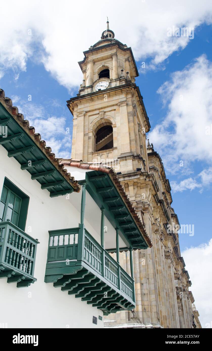 View of the Candelaria Church and the Independence Museum or Casa del Florero in Bogota at the historic centre of Bogota Stock Photo