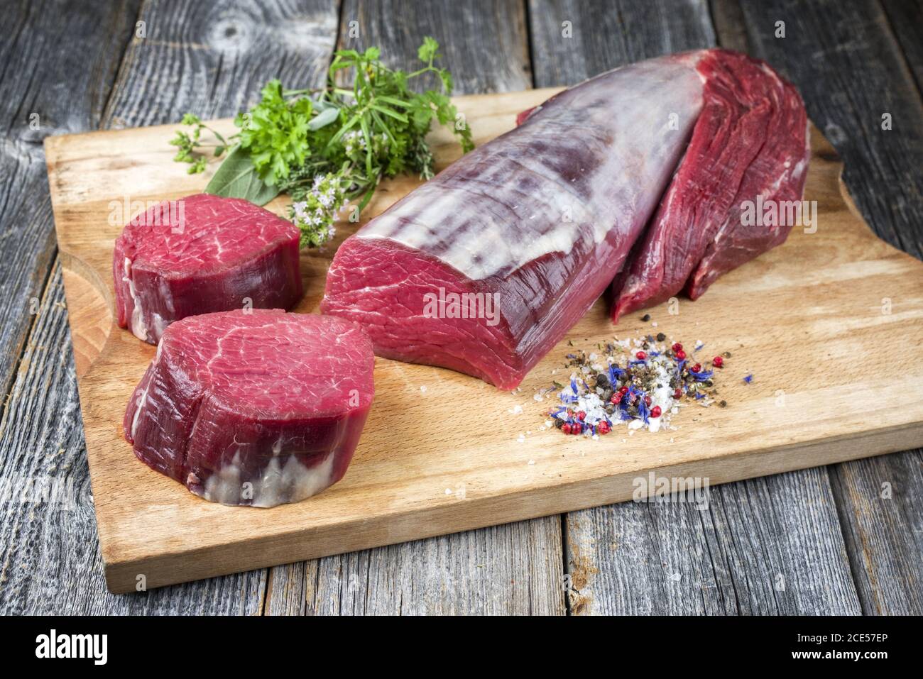 Dry Aged Beef Fillet Steak Natural As Closeup With Spice And Salt On A Wooden Cutting Board Stock Photo Alamy