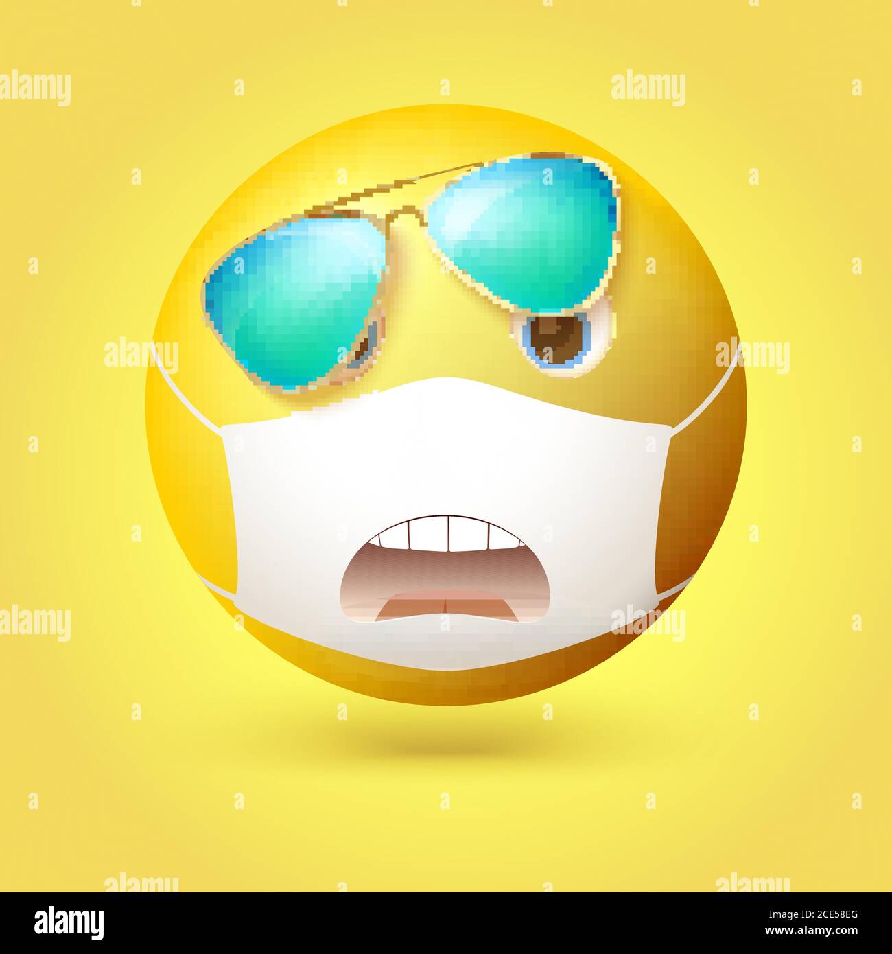 The emotion of surprise. Emoji emoticon with medical mask and sunglasses on face. Opened mouth painted on mask.  Stock Vector
