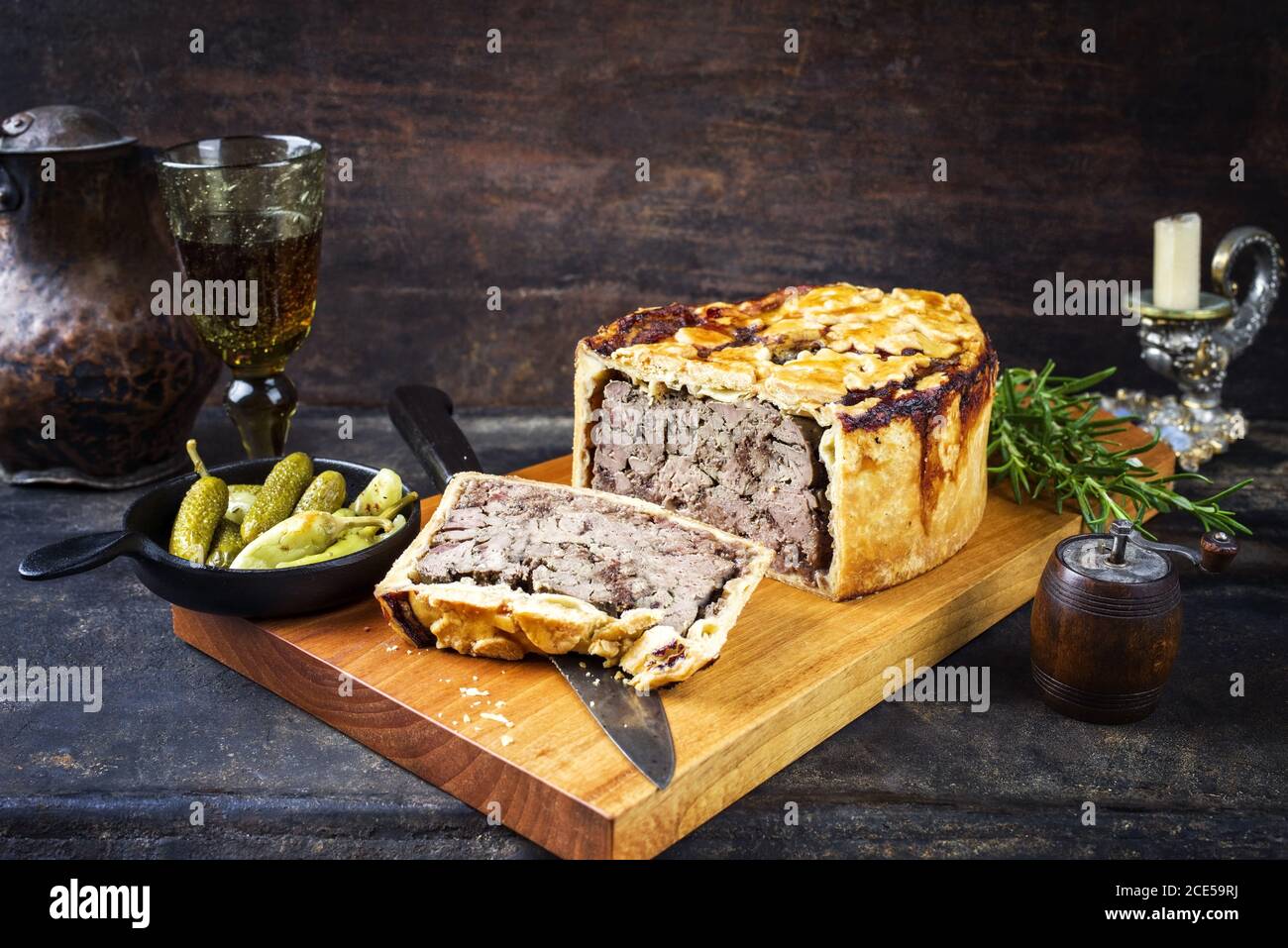 Traditional French Pate en croute with goose liver as closeup with