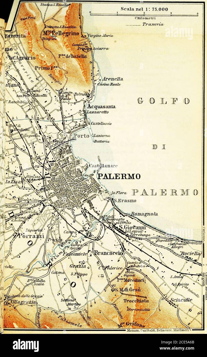 . Italy: handbook for travellers. Third Part, Southern Italy and Sicily . Geogr^iLstalfvWftaner iDebes, Leipzig;.. Mn-mrm. P-arJbaliM. BeTjcrraie. MisilTneri » La ZUa. PALERMO. 24. Route. 275 before which is the celebrated Villa Butera, now the Villa Florio(PI. D, 1), with its fine gardens. In the Piazza it.-elf is the VillaSerradifilco (inaccessible), also with luxuriant vegetation, nowmuch neglected. The electric tramway from the Piazza Marina toOlivuzza (for La Zisa and Villa Butera) traverses the Corso Olivuzza.The Via Normanni leads to the left from the Corso Olivuzza tothe Piazza Zisa, w Stock Photo