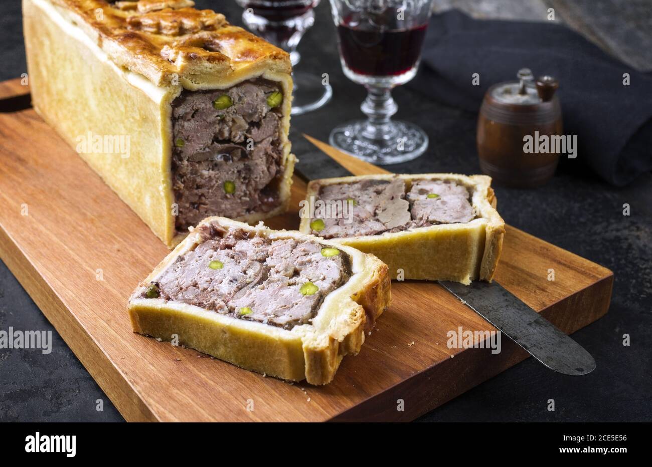 Traditional French Pate en croute with goose meat and liver as closeup