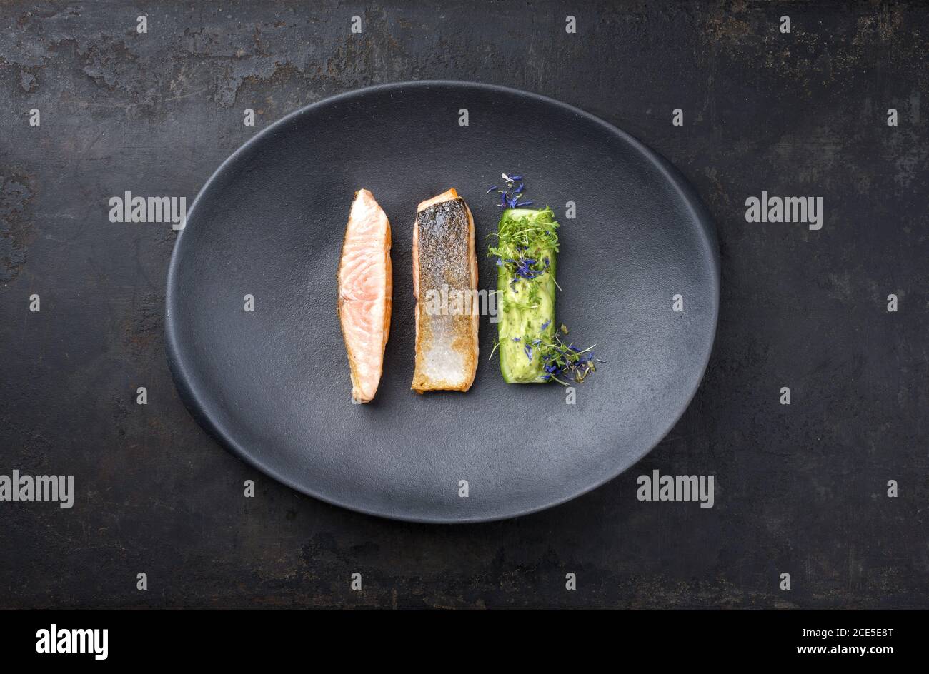 Minimalistic design salmon fish filet glazed with avocado and wasabi creme in a sliced cucumber as top view on a modern design p Stock Photo