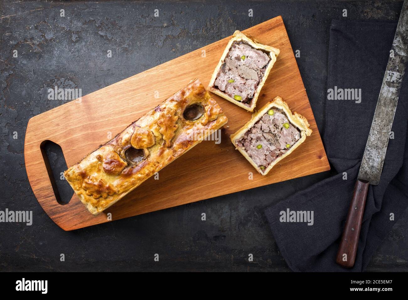 Traditional French Pate en croute with goose meat and liver as top view