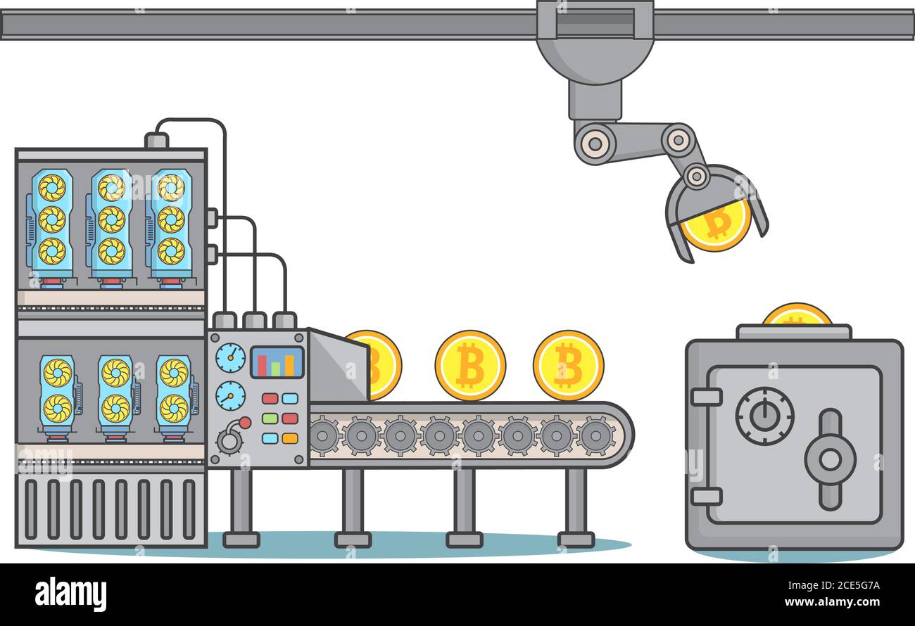 Bitcoin factory concept vector illustration in linear style Stock Vector