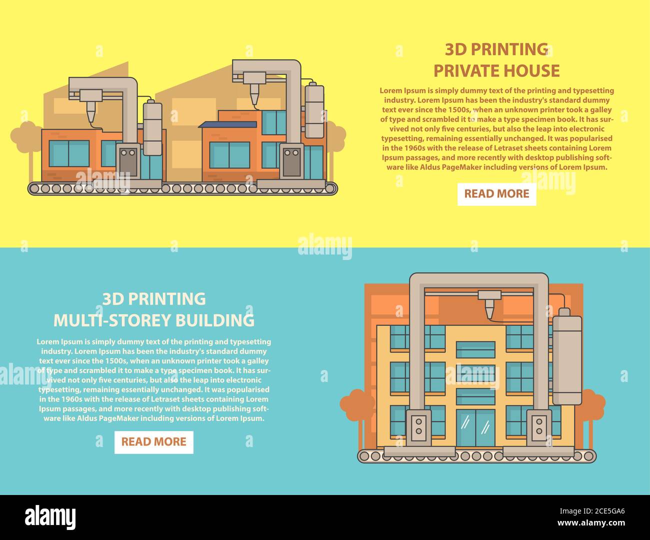 House 3D printing concept vector horizontal banner set Stock Vector